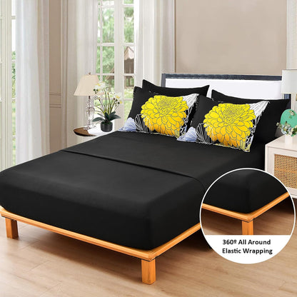 Bed in a Bag Queen Yellow Black Comforter Set 7 Pieces Soft Microfiber Floral Boho Bedding Set with 1 Comforter 1 Flat Sheet 1 Fitted Sheet 2 Pillowshams 2 Pillowcases