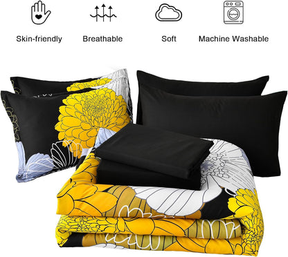Bed in a Bag Queen Yellow Black Comforter Set 7 Pieces Soft Microfiber Floral Boho Bedding Set with 1 Comforter 1 Flat Sheet 1 Fitted Sheet 2 Pillowshams 2 Pillowcases