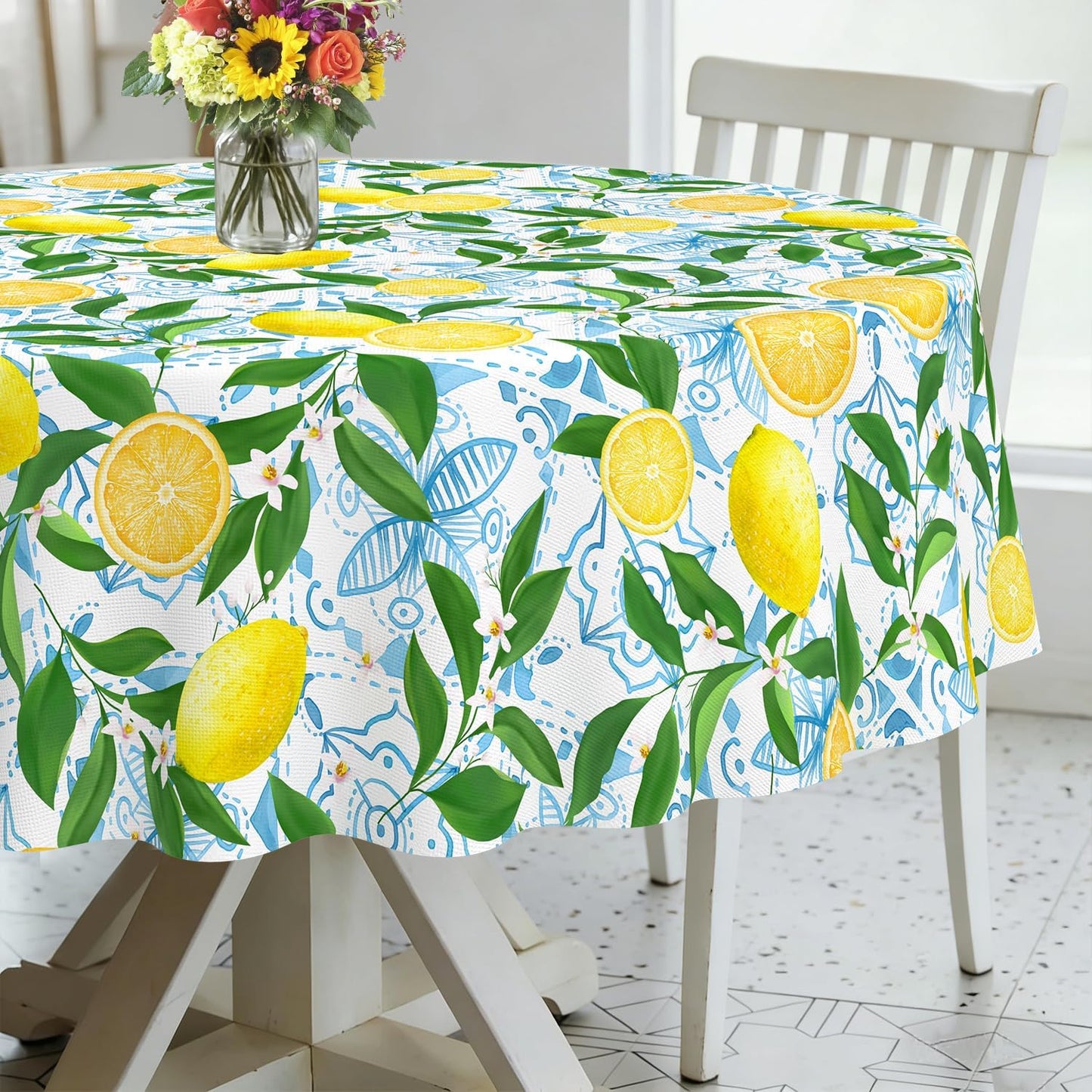 Round Tablecloth Waterproof Fabric 60x60 inch French Lemon Tablecloth for Kitchen Dining Room