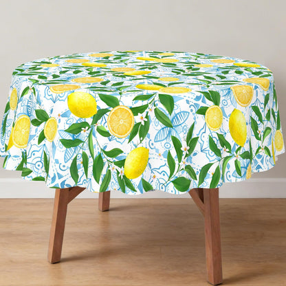 Round Tablecloth Waterproof Fabric 60x60 inch French Lemon Tablecloth for Kitchen Dining Room