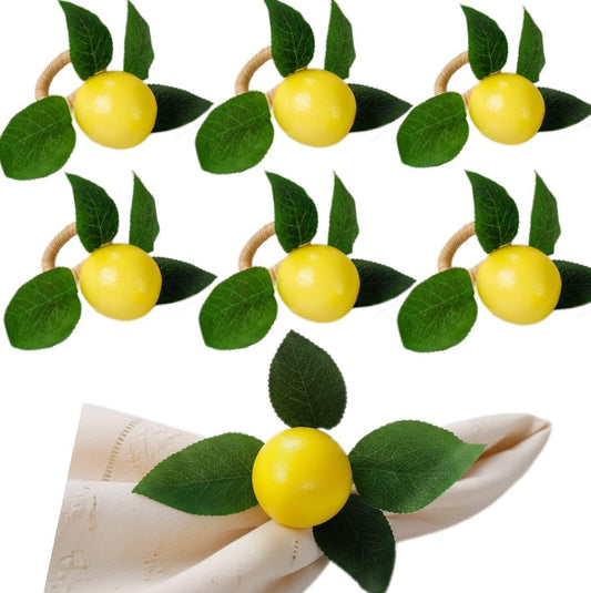 6Pcs Lemon Napkin Rings Yellow Lemon Vine Leaf Napkin Holder Spring Summer Lemon Napkin Ring Holder for Wedding, Table Dinner Party, Family, Banquet, Serviette for Christmas, Thanksgiving Day