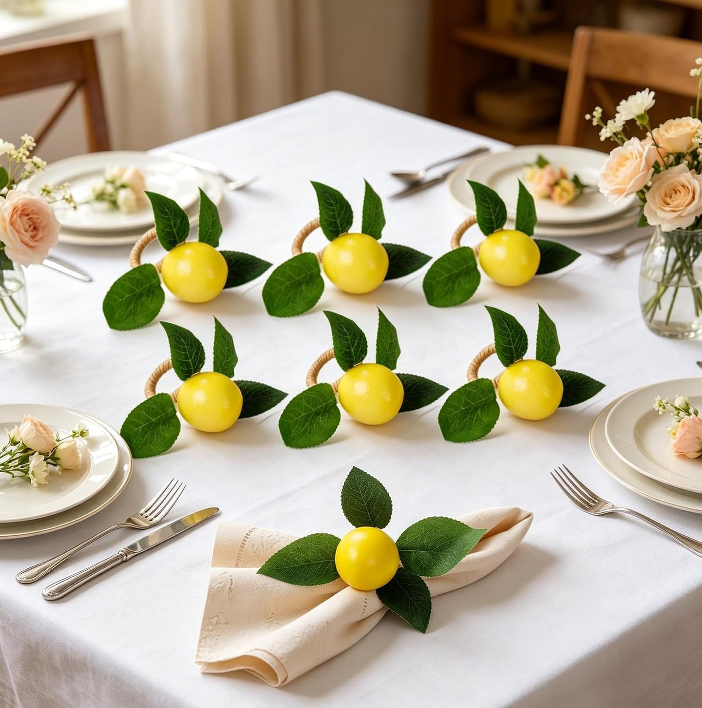 6Pcs Lemon Napkin Rings Yellow Lemon Vine Leaf Napkin Holder Spring Summer Lemon Napkin Ring Holder for Wedding, Table Dinner Party, Family, Banquet, Serviette for Christmas, Thanksgiving Day