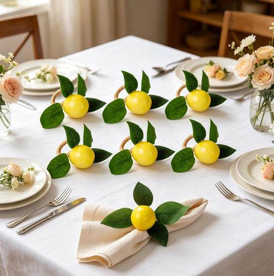 6Pcs Lemon Napkin Rings Yellow Lemon Vine Leaf Napkin Holder Spring Summer Lemon Napkin Ring Holder for Wedding, Table Dinner Party, Family, Banquet, Serviette for Christmas, Thanksgiving Day