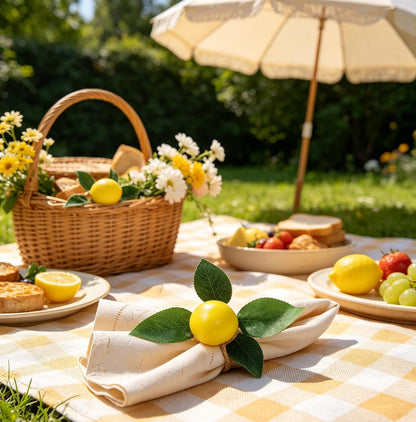 6Pcs Lemon Napkin Rings Yellow Lemon Vine Leaf Napkin Holder Spring Summer Lemon Napkin Ring Holder for Wedding, Table Dinner Party, Family, Banquet, Serviette for Christmas, Thanksgiving Day