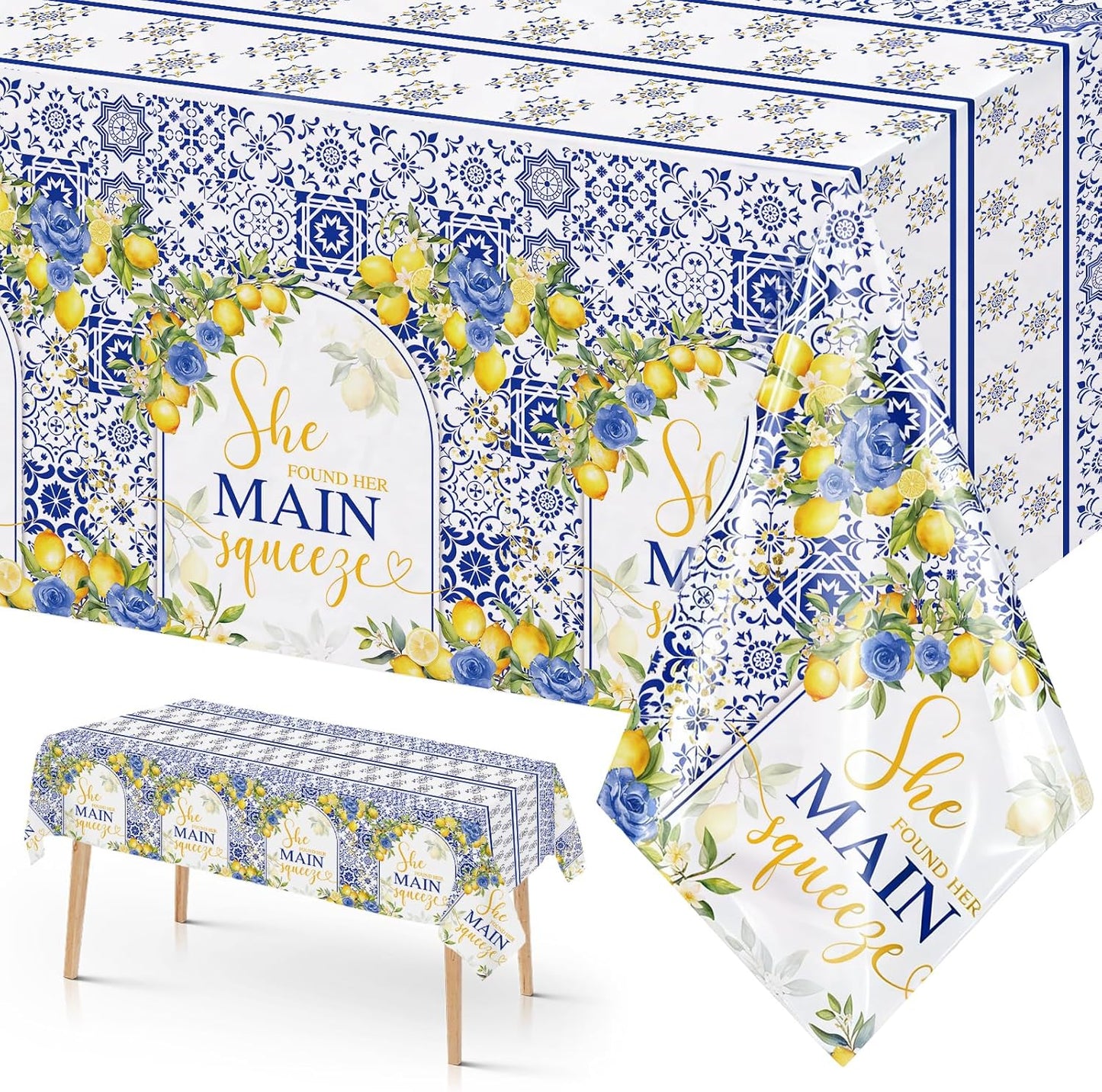 Capri Lemon Bridal Shower Disposable Tablecloths, 108x54 inch She Found Her Main Squeeze Party Decorations, Lemon Mediterranean Blue Tile Bachelorette Table Cover, Summer Bride to Be Decor