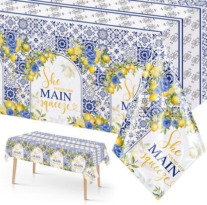 Capri Lemon Bridal Shower Disposable Tablecloths, 108x54 inch She Found Her Main Squeeze Party Decorations, Lemon Mediterranean Blue Tile Bachelorette Table Cover, Summer Bride to Be Decor