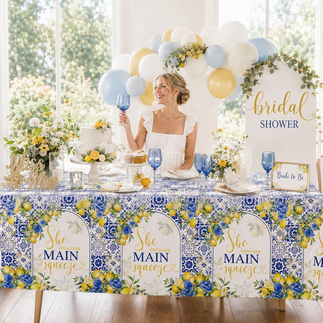 Capri Lemon Bridal Shower Disposable Tablecloths, 108x54 inch She Found Her Main Squeeze Party Decorations, Lemon Mediterranean Blue Tile Bachelorette Table Cover, Summer Bride to Be Decor