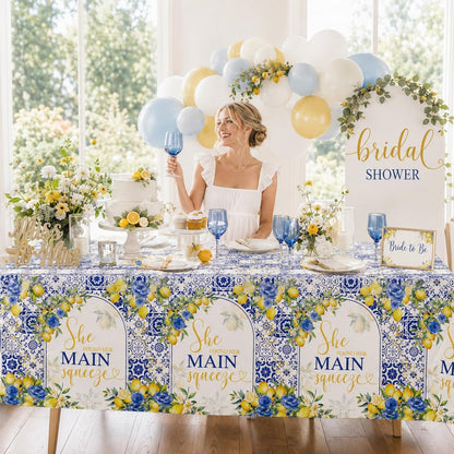 Capri Lemon Bridal Shower Disposable Tablecloths, 108x54 inch She Found Her Main Squeeze Party Decorations, Lemon Mediterranean Blue Tile Bachelorette Table Cover, Summer Bride to Be Decor
