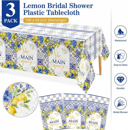 Capri Lemon Bridal Shower Disposable Tablecloths, 108x54 inch She Found Her Main Squeeze Party Decorations, Lemon Mediterranean Blue Tile Bachelorette Table Cover, Summer Bride to Be Decor