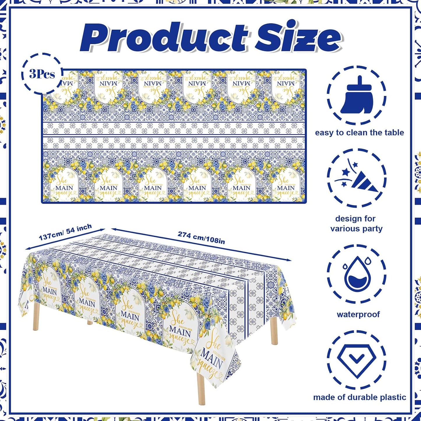 Capri Lemon Bridal Shower Disposable Tablecloths, 108x54 inch She Found Her Main Squeeze Party Decorations, Lemon Mediterranean Blue Tile Bachelorette Table Cover, Summer Bride to Be Decor