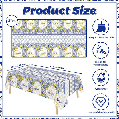 Capri Lemon Bridal Shower Disposable Tablecloths, 108x54 inch She Found Her Main Squeeze Party Decorations, Lemon Mediterranean Blue Tile Bachelorette Table Cover, Summer Bride to Be Decor