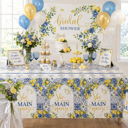 Capri Lemon Bridal Shower Disposable Tablecloths, 108x54 inch She Found Her Main Squeeze Party Decorations, Lemon Mediterranean Blue Tile Bachelorette Table Cover, Summer Bride to Be Decor