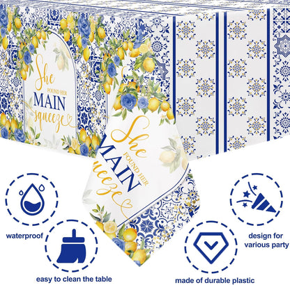Capri Lemon Bridal Shower Disposable Tablecloths, 108x54 inch She Found Her Main Squeeze Party Decorations, Lemon Mediterranean Blue Tile Bachelorette Table Cover, Summer Bride to Be Decor