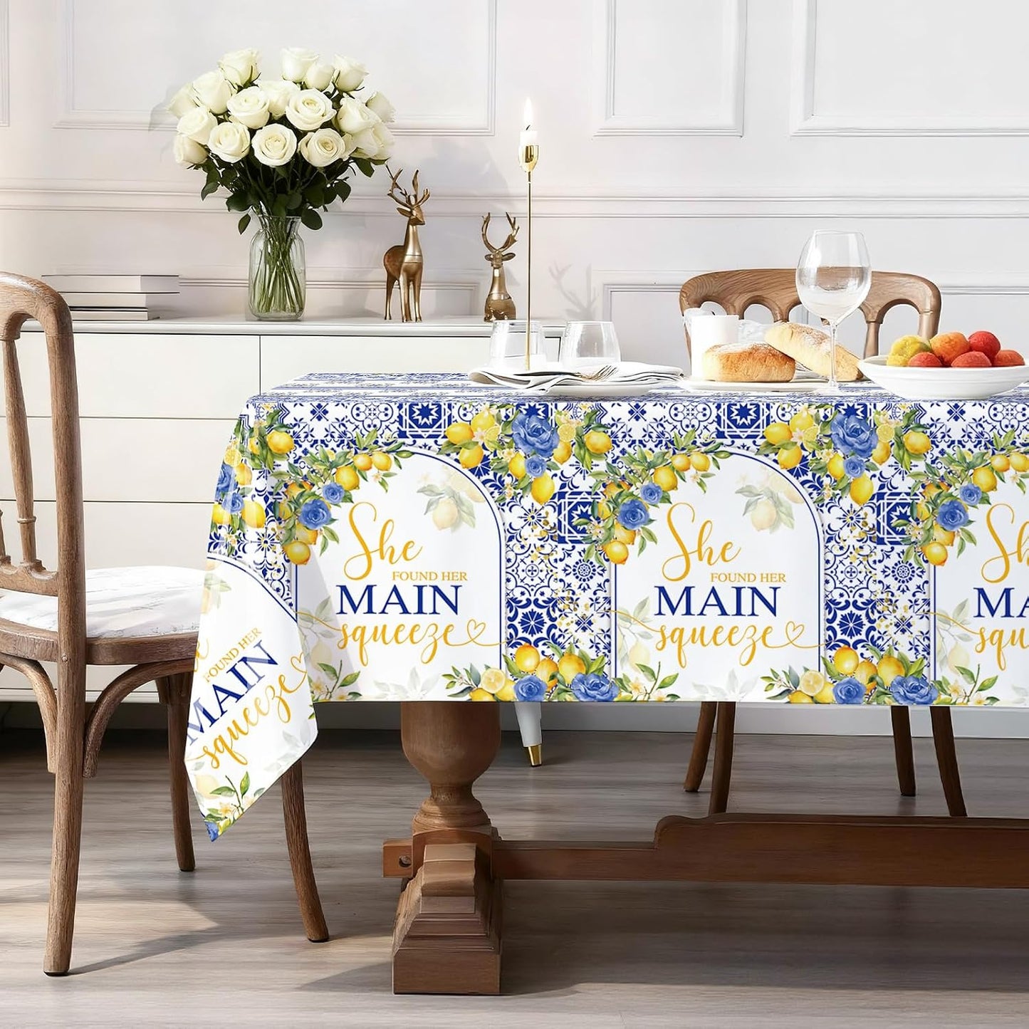 Capri Lemon Bridal Shower Disposable Tablecloths, 108x54 inch She Found Her Main Squeeze Party Decorations, Lemon Mediterranean Blue Tile Bachelorette Table Cover, Summer Bride to Be Decor