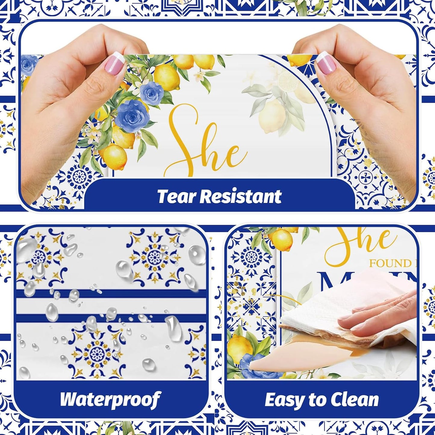 Capri Lemon Bridal Shower Disposable Tablecloths, 108x54 inch She Found Her Main Squeeze Party Decorations, Lemon Mediterranean Blue Tile Bachelorette Table Cover, Summer Bride to Be Decor