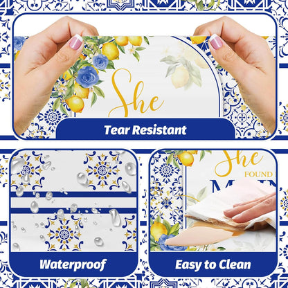 Capri Lemon Bridal Shower Disposable Tablecloths, 108x54 inch She Found Her Main Squeeze Party Decorations, Lemon Mediterranean Blue Tile Bachelorette Table Cover, Summer Bride to Be Decor