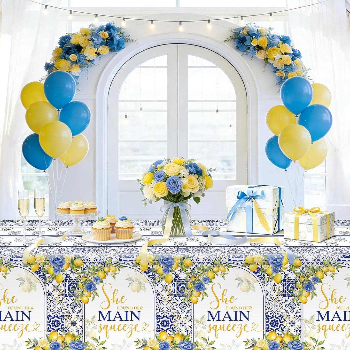 Capri Lemon Bridal Shower Disposable Tablecloths, 108x54 inch She Found Her Main Squeeze Party Decorations, Lemon Mediterranean Blue Tile Bachelorette Table Cover, Summer Bride to Be Decor