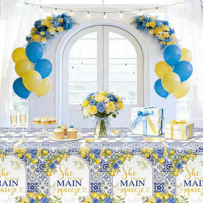 Capri Lemon Bridal Shower Disposable Tablecloths, 108x54 inch She Found Her Main Squeeze Party Decorations, Lemon Mediterranean Blue Tile Bachelorette Table Cover, Summer Bride to Be Decor