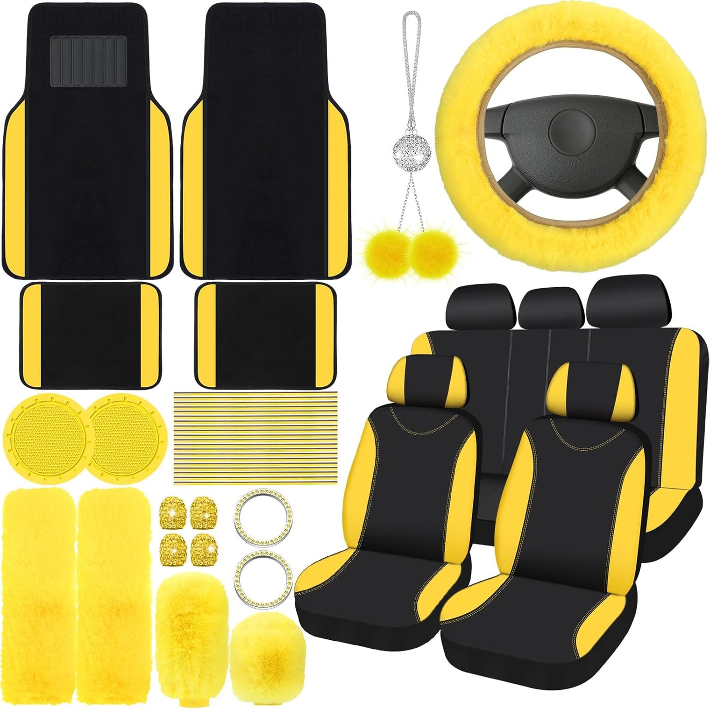 47 Car Seat Cover Full Set for Women Included Car Front Rear Seat Fluffy Steering Wheel Cover Belt Automotive Floor Mats Air Conditioner Decoration Strip Universal(Yellow)