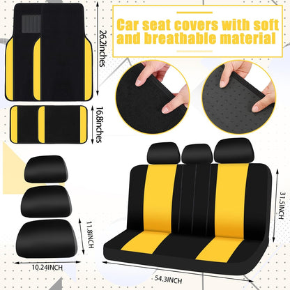 47 Car Seat Cover Full Set for Women Included Car Front Rear Seat Fluffy Steering Wheel Cover Belt Automotive Floor Mats Air Conditioner Decoration Strip Universal(Yellow)