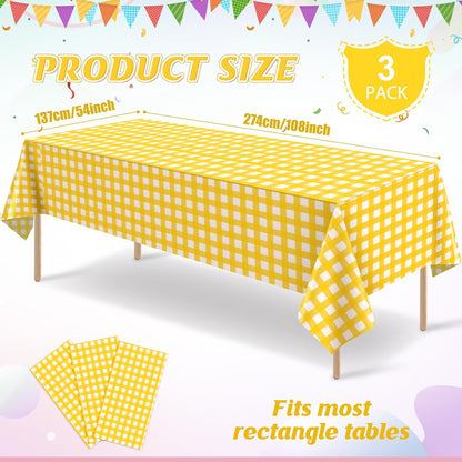 3 Pcs Yellow Gingham Tablecloth Decorations, Disposable Plastic Yellow Checkered Tablecloth Buffalo Plaid Table Cover for Baby Shower Bridal Wedding Birthday Party Supplies,54 x 108 Inch