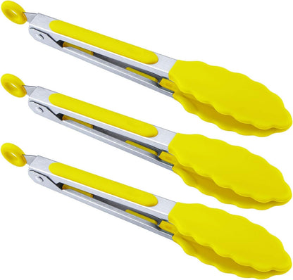 Kitchen Food Tongs with Silicone Tips,7 Inch Serving Tongs for Grilling,Locking,BBQ Set of 3 (Yellow)