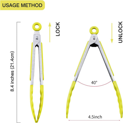 Kitchen Food Tongs with Silicone Tips,7 Inch Serving Tongs for Grilling,Locking,BBQ Set of 3 (Yellow)