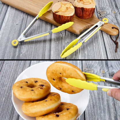 Kitchen Food Tongs with Silicone Tips,7 Inch Serving Tongs for Grilling,Locking,BBQ Set of 3 (Yellow)