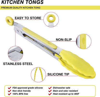 Kitchen Food Tongs with Silicone Tips,7 Inch Serving Tongs for Grilling,Locking,BBQ Set of 3 (Yellow)