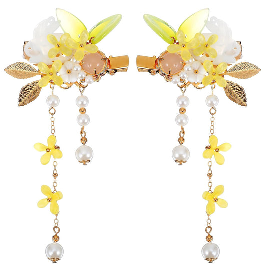 2 Pcs Vintage Flower Hair Clip, Yellow Osmanthus Decorative Chinese Hair Clips Tassel Pearl Barrettes, Wedding Pins Accessories for Women Girls Bride Bridesmaid