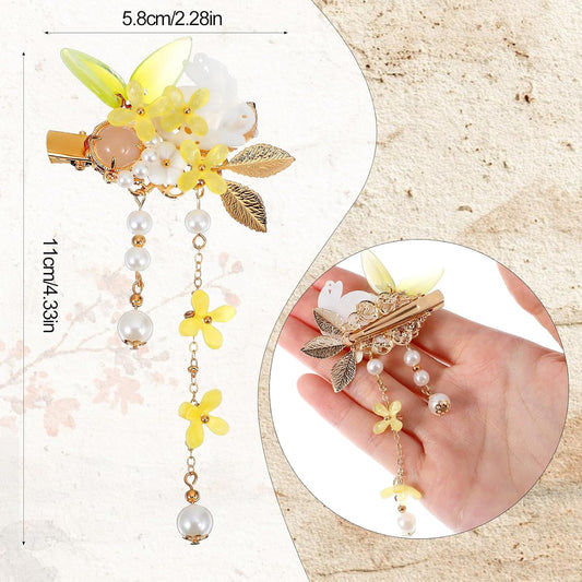 2 Pcs Vintage Flower Hair Clip, Yellow Osmanthus Decorative Chinese Hair Clips Tassel Pearl Barrettes, Wedding Pins Accessories for Women Girls Bride Bridesmaid