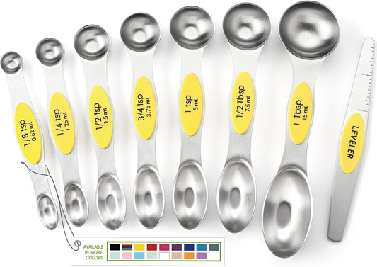 Yellow Stainless Steel Magnetic Measuring Spoons Set of 8 with Leveler, Dual Sided Metal Teaspoon & Tablespoon Measuring Spoons, Kitchen Gadgets for Baking & Cooking, Fits in Spice Jars