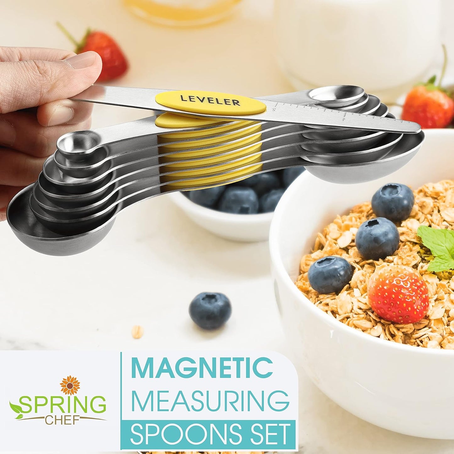 Yellow Stainless Steel Magnetic Measuring Spoons Set of 8 with Leveler, Dual Sided Metal Teaspoon & Tablespoon Measuring Spoons, Kitchen Gadgets for Baking & Cooking, Fits in Spice Jars