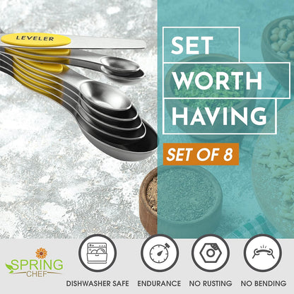 Yellow Stainless Steel Magnetic Measuring Spoons Set of 8 with Leveler, Dual Sided Metal Teaspoon & Tablespoon Measuring Spoons, Kitchen Gadgets for Baking & Cooking, Fits in Spice Jars