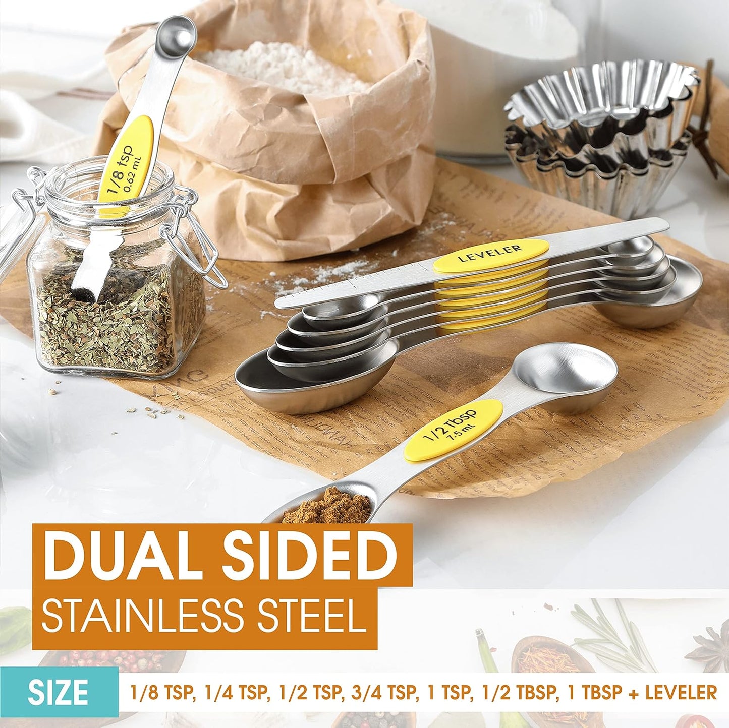 Yellow Stainless Steel Magnetic Measuring Spoons Set of 8 with Leveler, Dual Sided Metal Teaspoon & Tablespoon Measuring Spoons, Kitchen Gadgets for Baking & Cooking, Fits in Spice Jars