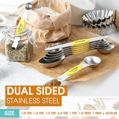 Yellow Stainless Steel Magnetic Measuring Spoons Set of 8 with Leveler, Dual Sided Metal Teaspoon & Tablespoon Measuring Spoons, Kitchen Gadgets for Baking & Cooking, Fits in Spice Jars