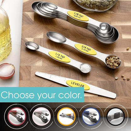 Yellow Stainless Steel Magnetic Measuring Spoons Set of 8 with Leveler, Dual Sided Metal Teaspoon & Tablespoon Measuring Spoons, Kitchen Gadgets for Baking & Cooking, Fits in Spice Jars