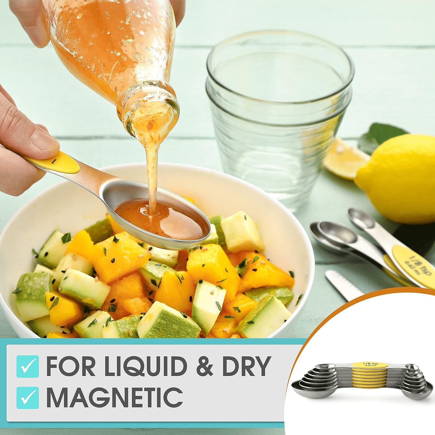 Yellow Stainless Steel Magnetic Measuring Spoons Set of 8 with Leveler, Dual Sided Metal Teaspoon & Tablespoon Measuring Spoons, Kitchen Gadgets for Baking & Cooking, Fits in Spice Jars