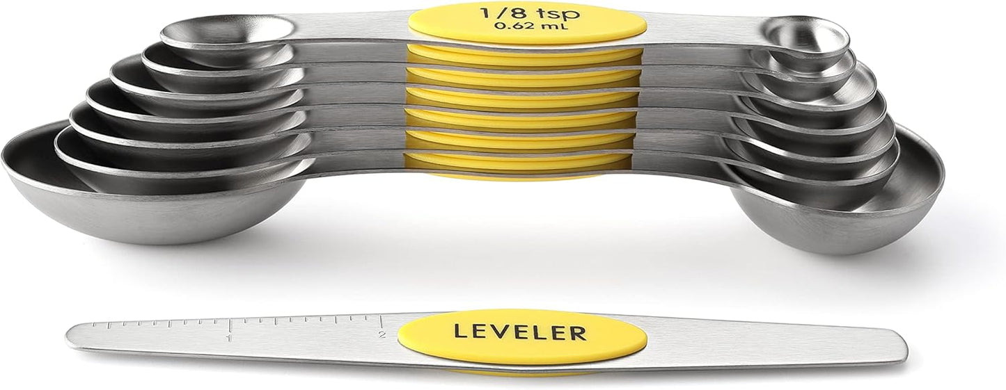Yellow Stainless Steel Magnetic Measuring Spoons Set of 8 with Leveler, Dual Sided Metal Teaspoon & Tablespoon Measuring Spoons, Kitchen Gadgets for Baking & Cooking, Fits in Spice Jars