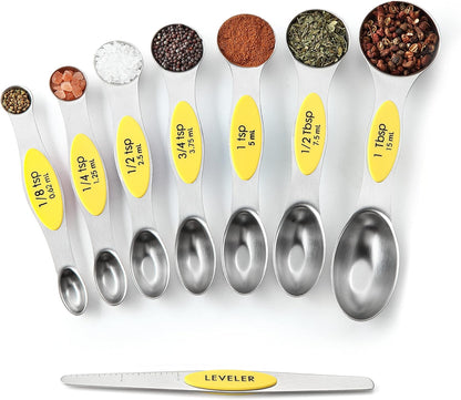 Yellow Stainless Steel Magnetic Measuring Spoons Set of 8 with Leveler, Dual Sided Metal Teaspoon & Tablespoon Measuring Spoons, Kitchen Gadgets for Baking & Cooking, Fits in Spice Jars