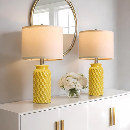 20.5" Ceramic Table Lamps Set of 2 - Modern Farmhouse & Boho Style, Bedside Nightstand Lamps for Bedroom, Living Room End Table Lamps, Small Desk Lamp(Yellow)