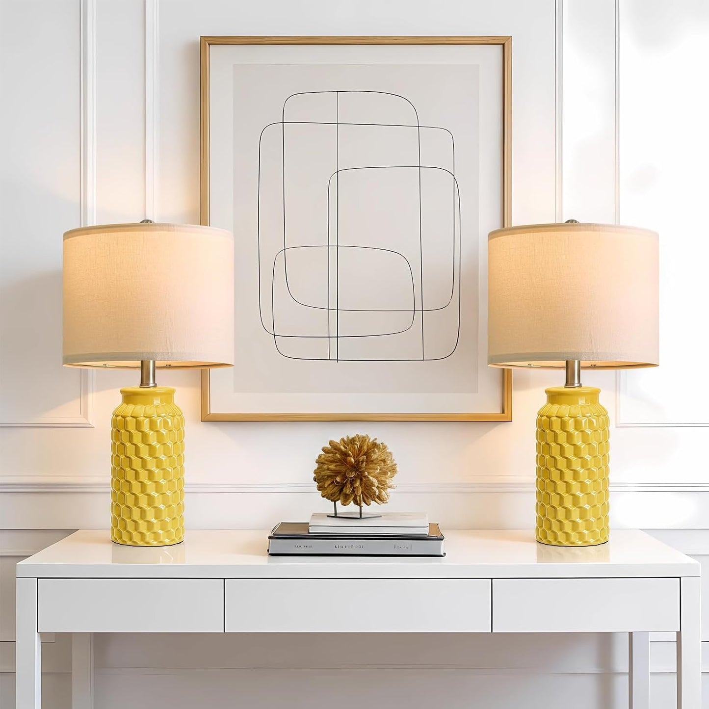 20.5" Ceramic Table Lamps Set of 2 - Modern Farmhouse & Boho Style, Bedside Nightstand Lamps for Bedroom, Living Room End Table Lamps, Small Desk Lamp(Yellow)