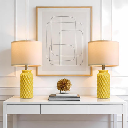 20.5" Ceramic Table Lamps Set of 2 - Modern Farmhouse & Boho Style, Bedside Nightstand Lamps for Bedroom, Living Room End Table Lamps, Small Desk Lamp(Yellow)