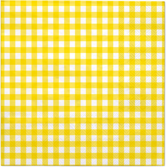 25Pcs Yellow Plaid Paper Napkins - 3-Ply Yellow and White Gingham Disposable Luncheon Napkins for Easter, Birthday, Picnic and Daily Use - 6.5 x 6.5 In