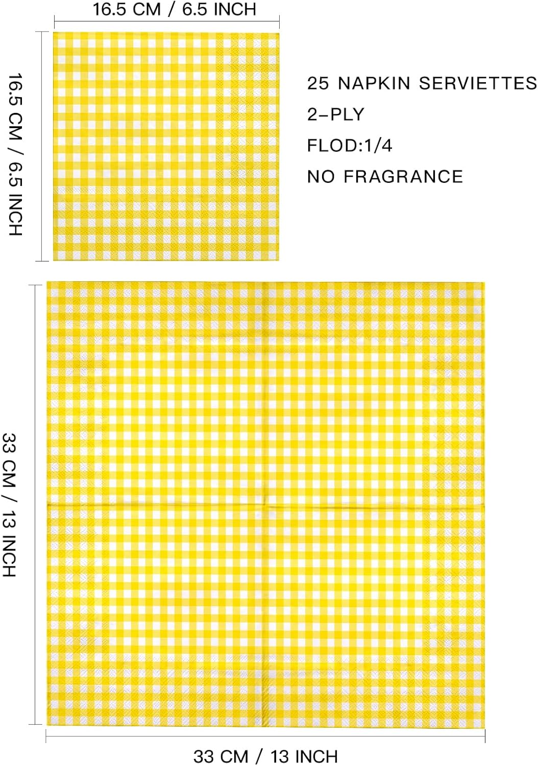 25Pcs Yellow Plaid Paper Napkins - 3-Ply Yellow and White Gingham Disposable Luncheon Napkins for Easter, Birthday, Picnic and Daily Use - 6.5 x 6.5 In