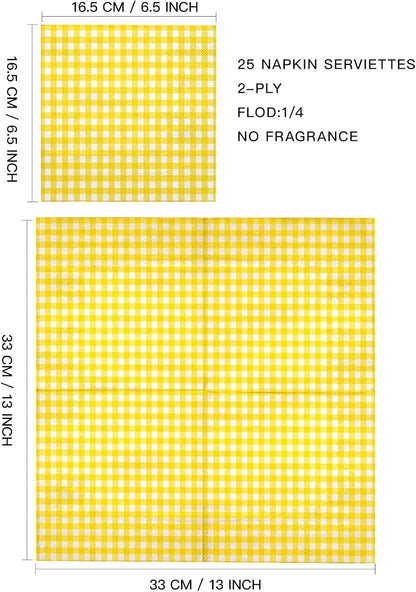 25Pcs Yellow Plaid Paper Napkins - 3-Ply Yellow and White Gingham Disposable Luncheon Napkins for Easter, Birthday, Picnic and Daily Use - 6.5 x 6.5 In