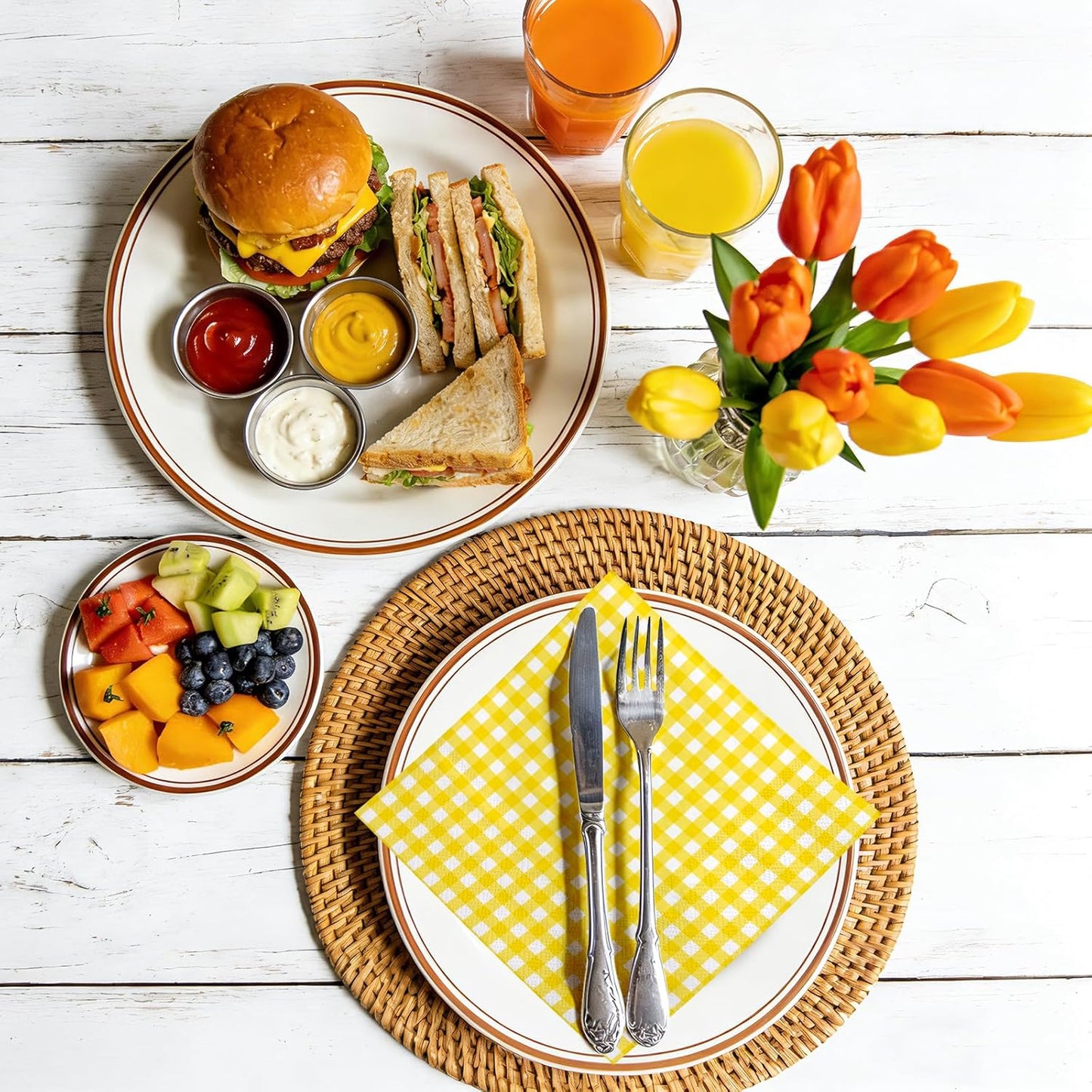 25Pcs Yellow Plaid Paper Napkins - 3-Ply Yellow and White Gingham Disposable Luncheon Napkins for Easter, Birthday, Picnic and Daily Use - 6.5 x 6.5 In