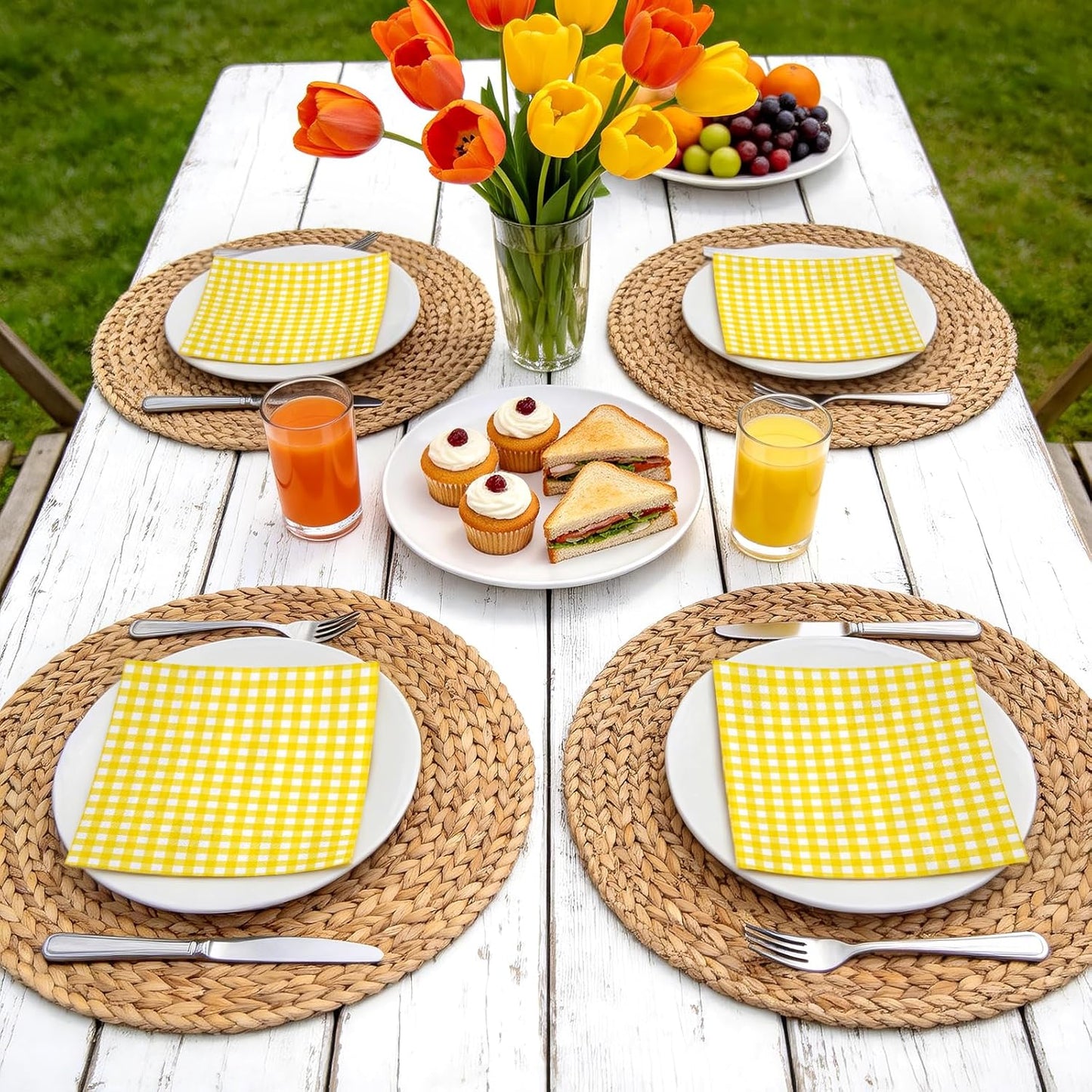 25Pcs Yellow Plaid Paper Napkins - 3-Ply Yellow and White Gingham Disposable Luncheon Napkins for Easter, Birthday, Picnic and Daily Use - 6.5 x 6.5 In