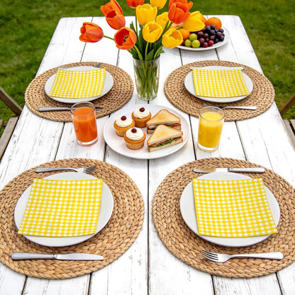 25Pcs Yellow Plaid Paper Napkins - 3-Ply Yellow and White Gingham Disposable Luncheon Napkins for Easter, Birthday, Picnic and Daily Use - 6.5 x 6.5 In
