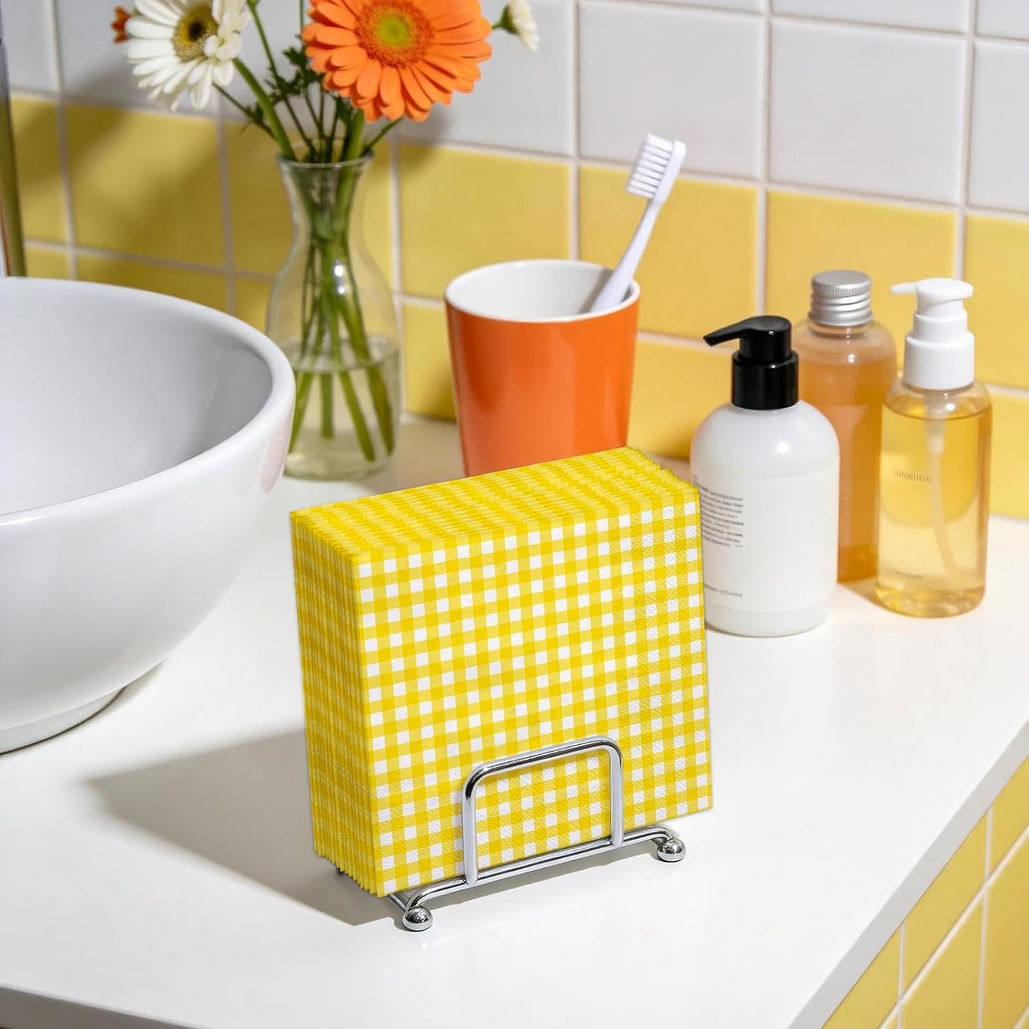 25Pcs Yellow Plaid Paper Napkins - 3-Ply Yellow and White Gingham Disposable Luncheon Napkins for Easter, Birthday, Picnic and Daily Use - 6.5 x 6.5 In